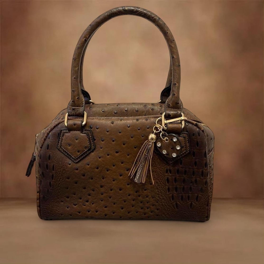 Brown faux Ostrich Crocodile Embossed Handbag Gold HardwareTassel Charm